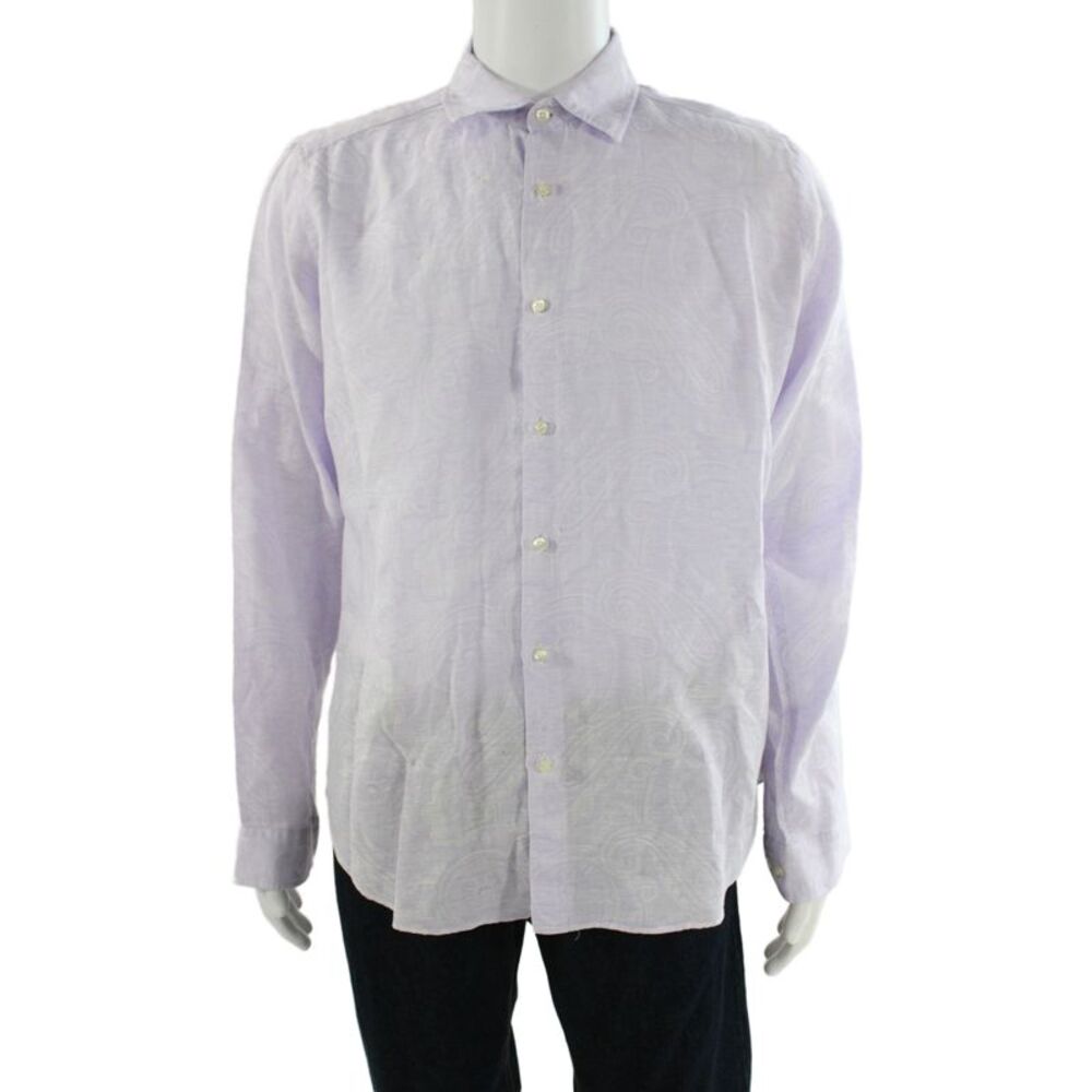 Etro Mens Purple Paisley Linen Button-Up Long Sleeve Collared Shirt Size L